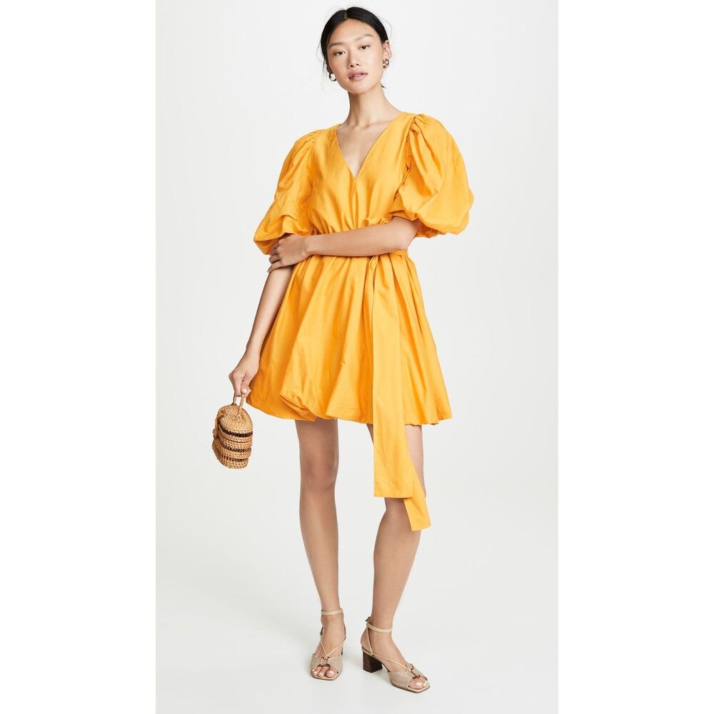 Rhode S Yellow Puff Sleeve Tie Waist Mini Dress Cotton